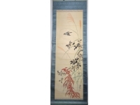 島崎柳塢　秋の花に小禽図　花鳥画　肉筆、絹本　合わせ箱