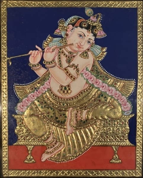 クリシュナ／ヒンドゥー教神話の神：油彩 金彩 クリスタル装飾 額装