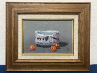 山本和子「志野茶碗とあんず」油彩 絵画