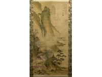 立原杏所／青緑山水図【鑑定／松平雪江】絹本　大幅 掛軸