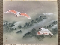 藤井厚志【霊峰の朱鷺】（トキ）絹本　掛軸