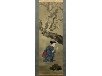 温故斎朝春【美人画・浮世絵】絹本　掛軸（明治）