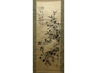 渡辺小崋【花鳥図】水墨画　絖本　掛軸