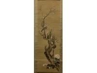 山本梅逸【花鳥図】絹本　掛軸（花鳥画　江戸時代）