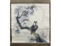 橘永芳【みみずく】肉筆　絹本　掛軸　共箱（梟・ふくろう・búho・owl）