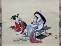 上村松園（鳥文斎栄之の模写）【遊女】絹本　掛軸　共箱（美人画　浮世絵）Ukiyoe　Shyoen