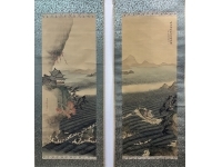 福田半香　山水図　絹本　双幅　掛軸　識箱（渡辺崋山／崋山十哲）Hankou Fukuda