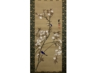 碧水　花鳥図　絹本　掛軸【浮世絵師：北尾重政】Ukiyoe　Shigemasa Kitao