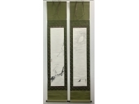 川合玉堂／寺崎広業（シロサギ／コウモリ）花鳥 画　紙本　双幅　掛軸　Gyokudo Kawai ＆ Kogyo Terasaki