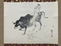 川島登美次【牧童】紙本　掛軸　共箱　Tomiji Kawashima