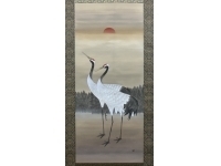 梅木晋作【暁双鶴】絹本　掛軸　太巻　2重箱