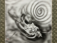 上田玉峰【水墨龍神図】絹本　掛軸　共箱　dragon　Kakejiku　hanging scroll