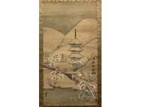 山口蓬春【五重塔】絹本　掛軸