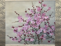 根上富治【紅梅】絹本　掛軸　共箱