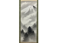 竹角紅秋【富士山】絹本　掛軸　共箱
