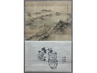 渡辺崋山（絹本／山水） 渡辺小崋（紙本／花）　親子 貼り混ぜ　掛軸　Kakejiku　Hanging scroll