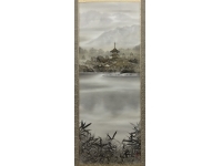 三輪映章 【古都塔韻図】 金泥　絹本　掛軸　共箱　Kakejiku　Hanging scroll
