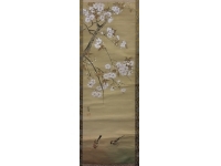 【桜 ・雀】 絹本　掛軸在銘　絹本　掛軸