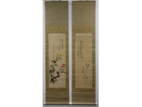 画賛 （勝海舟・竹亭・義香・他） 絹本　双幅　掛軸　Kakejiku　Hanging scroll
