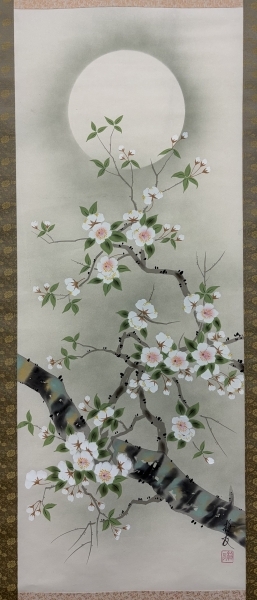 長尾梅友【梅花と月】絹本 掛軸 Kakejiku Hangingscroll|サムライ