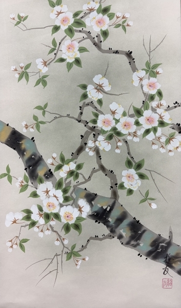 長尾梅友【梅花と月】絹本 掛軸 Kakejiku Hangingscroll|サムライ
