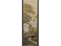 大栗旌伒　山水画　絹本　共箱　掛軸 （小室翠雲 師事） Kakejiku　Hanging scroll