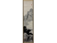 横山松雲　水墨画　蓬莱山　紙本　掛軸　共箱　Kakejiku　Hanging scroll