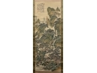 田能村直入　青緑山水　絹本　掛軸　共箱　Tanomura Chyokunyu　Kakejiku　Hanging scroll